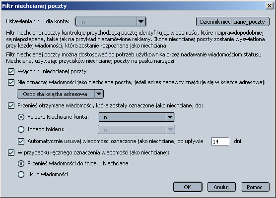 Ustawienia filtru niechcianej poczty