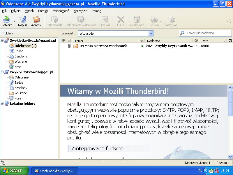 Powiadomienie o odebraniu nowej wiadomości - pasek systemowy